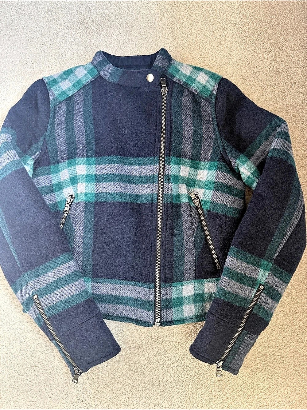 Gap Plaid Wool Blend Moto Jacket Blue & Green XS